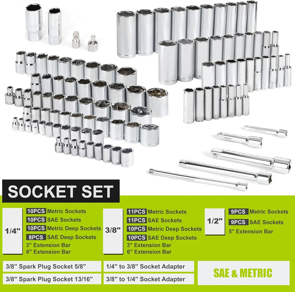 Set di utensili meccanici da 249 pezzi, chiave a bussola SAE/metrica, attacco da 1/2', 3/8', 1/4', cricchetti, chiavi esagonali, per riparazioni auto 