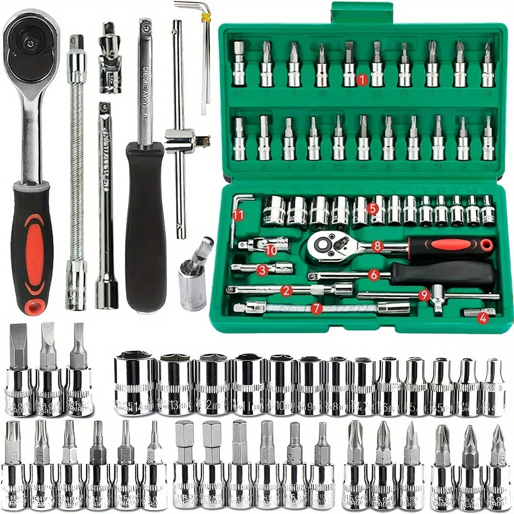 Set di chiavi a bussola da 46 pezzi, set di chiavi a cricchetto da 1/4 di pollice, kit di utensili meccanici per la riparazione di auto, con bussole, set di bussole esagonali metriche 
