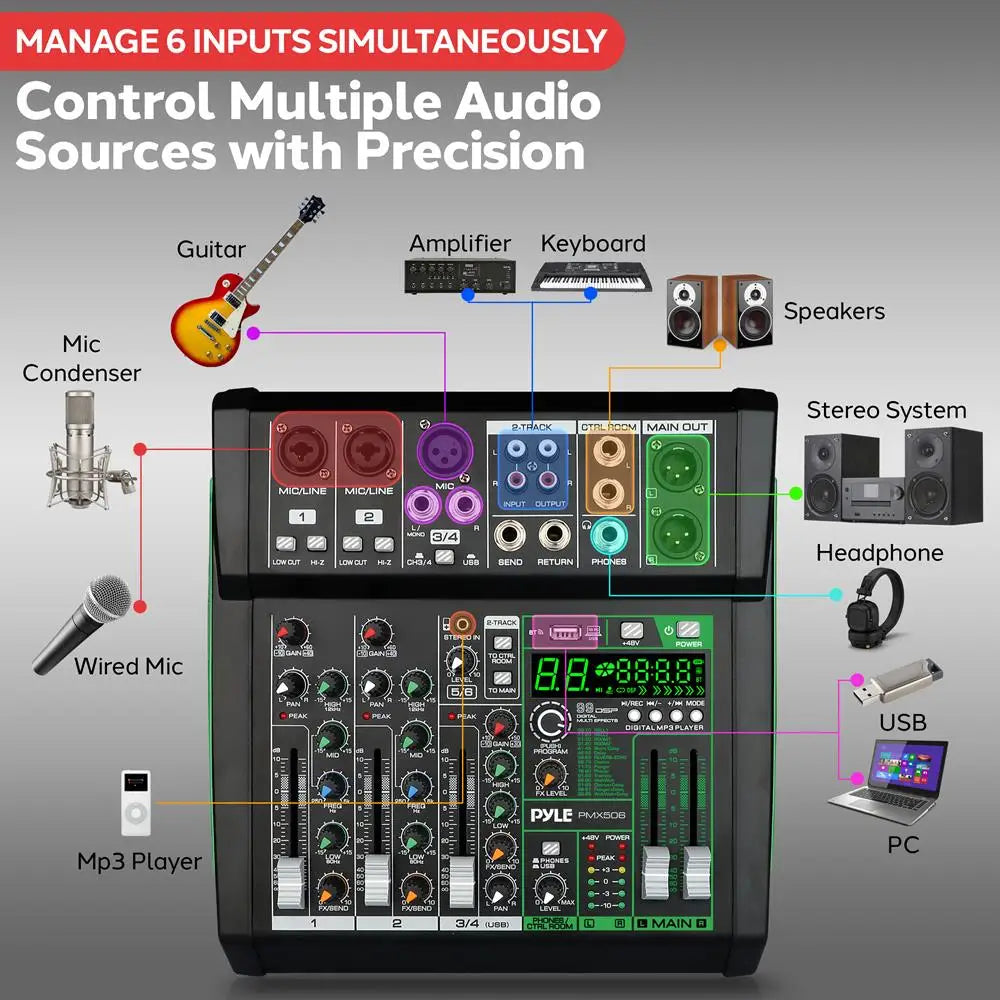 Mixer audio a 6 canali, controller DJ da studio Bluetooth, effetti digitali, interfaccia USB, compatibile con MP3, ingressi XLR