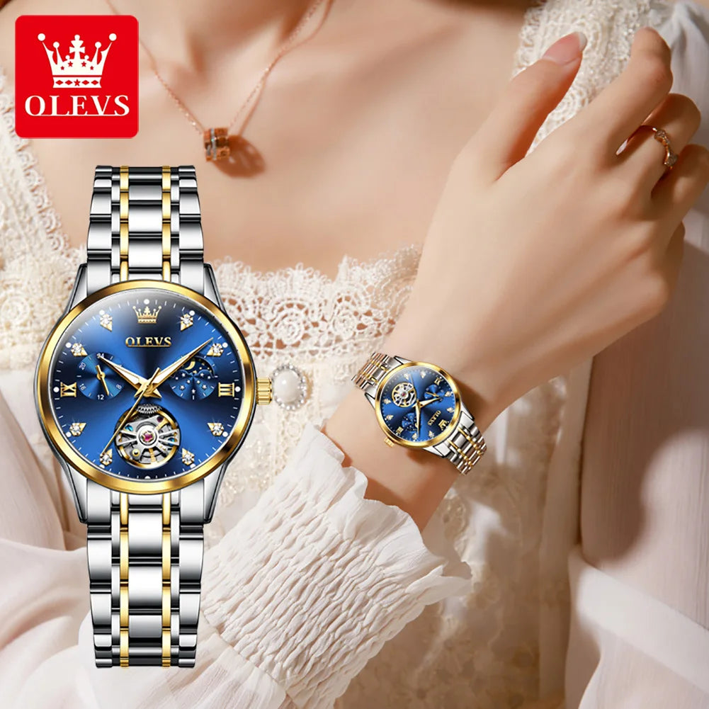 Orologio da donna OLEVS 6608 con movimento meccanico automatico, orologio da polso da lavoro, impermeabile, in acciaio inossidabile, con calendario, per donna 