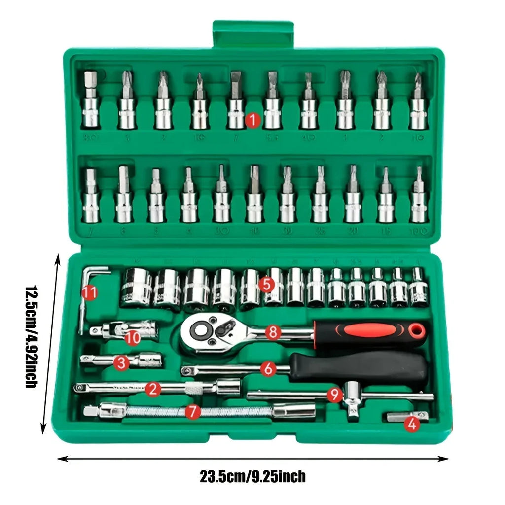 Set di chiavi a bussola da 46 pezzi, set di chiavi a cricchetto da 1/4 di pollice, kit di utensili meccanici per la riparazione di auto, con bussole, set di bussole esagonali metriche 