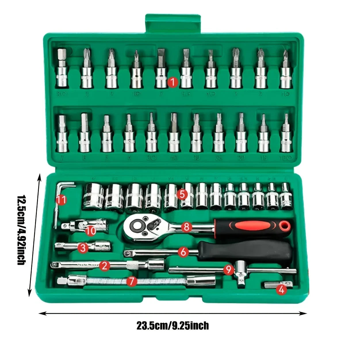 Set di chiavi a bussola da 46 pezzi, set di chiavi a cricchetto da 1/4 di pollice, kit di utensili meccanici per la riparazione di auto, con bussole, set di bussole esagonali metriche 
