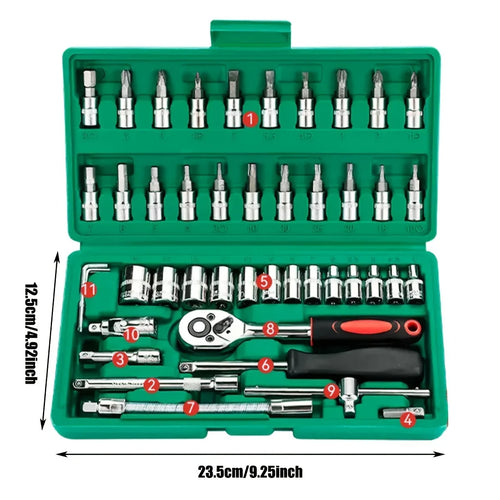 Set di chiavi a bussola da 46 pezzi, set di chiavi a cricchetto da 1/4 di pollice, kit di utensili meccanici per la riparazione di auto, con bussole, set di bussole esagonali metriche 
