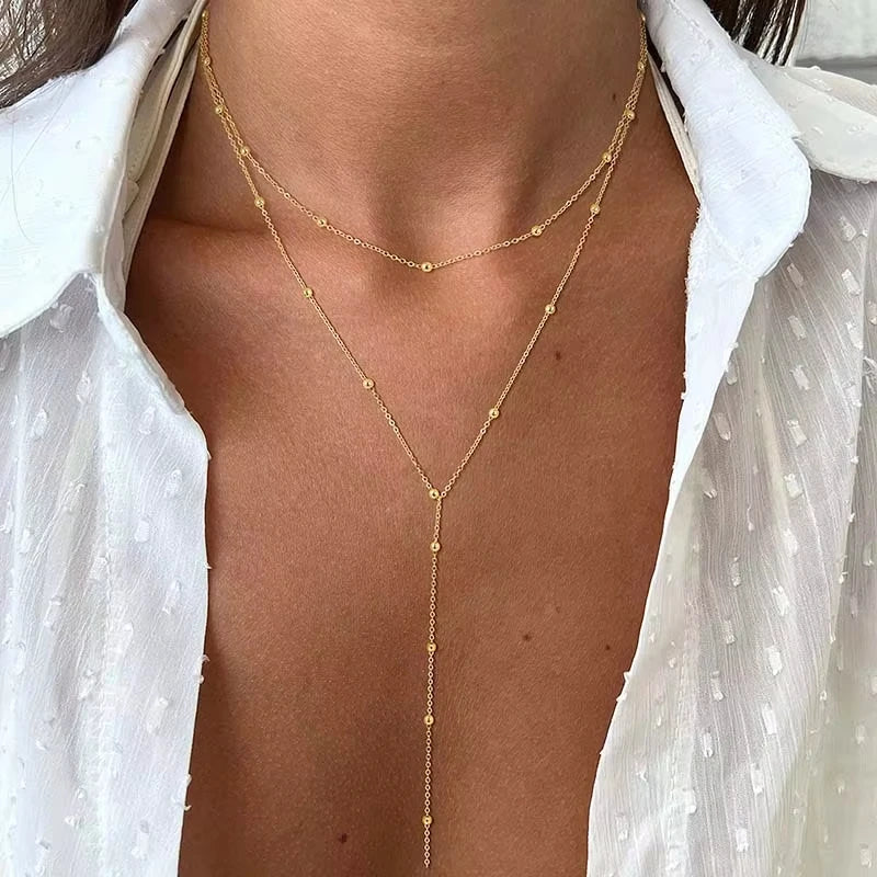 Collana con laccio placcata in oro per donna, collana girocollo con pendente a goccia a catena lunga con doppio laccio, regali di moda 