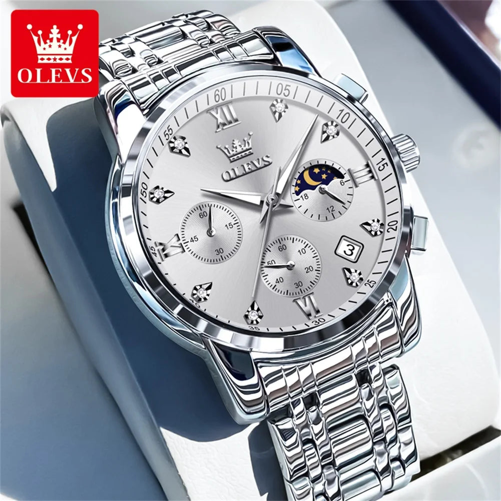 OLEVS Orologi da uomo popolari in acciaio inossidabile nero con fasi lunari, cronografo al quarzo, orologio da polso originale del marchio per uomo.