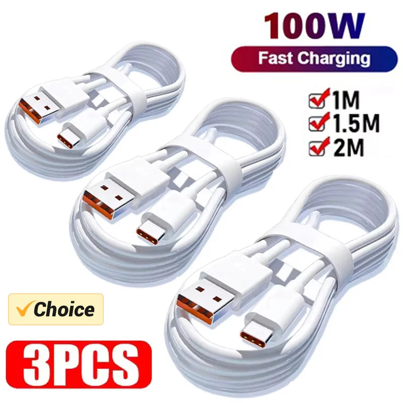 Cavo di ricarica super veloce tipo C da 3 pezzi 6A 100W per Huawei, OPPO, vivo, iQoo, cavi USB C a ricarica rapida 