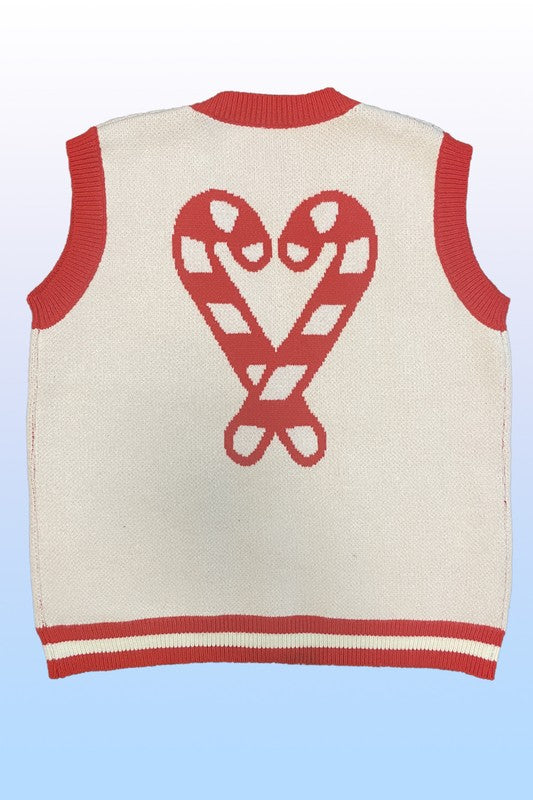 Candy cane knit button front vest