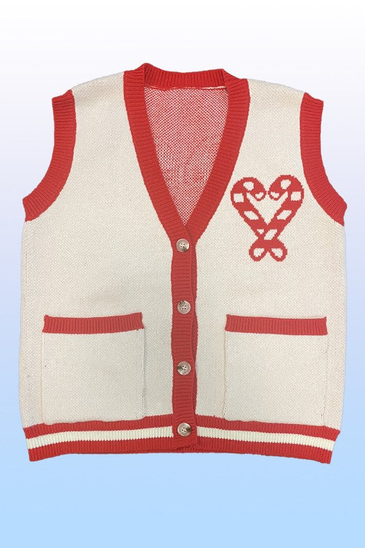 Candy cane knit button front vest