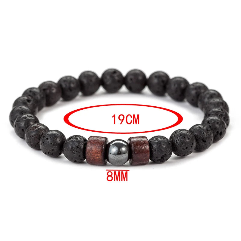 Bracciale in pietra vulcanica da 8 mm per uomo, con perline di legno lavico, braccialetto tibetano Buddha, catena da polso maschile, gioielli fatti a mano, braccialetto elastico 