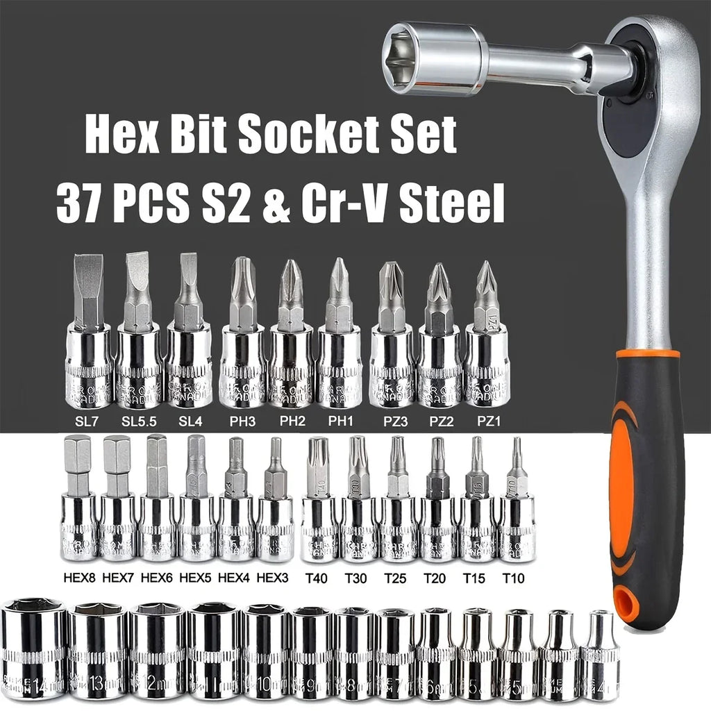 Set di chiavi a bussola da 46 pezzi, set di chiavi a cricchetto da 1/4 di pollice, kit di utensili meccanici per la riparazione di auto, con bussole, set di bussole esagonali metriche 