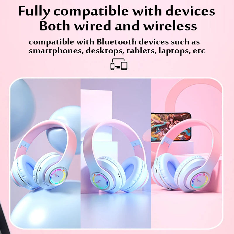 Cuffie Bluetooth wireless Cuffie con luce multicolore con microfono, possibilità di inserire una scheda SD Auricolari stereo HiFi 