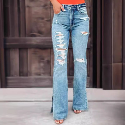 Edizione 25 – Jeans elasticizzati con strappi a vita alta per donna