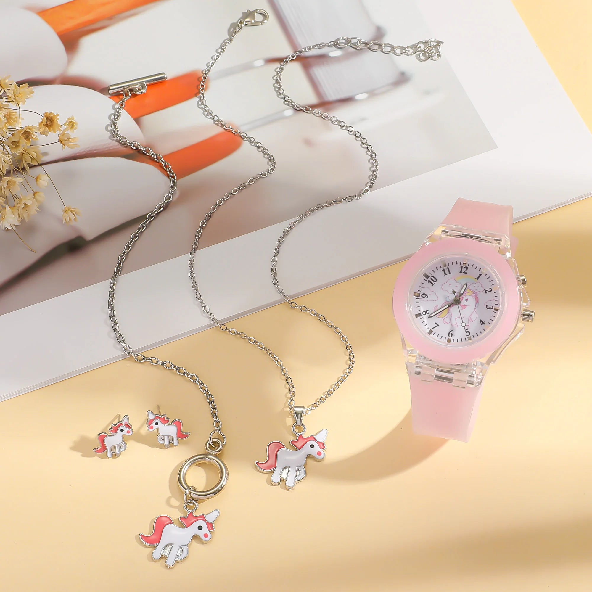 Set di quattro orologi senza scatola e pony rosa per bambine, adatti per feste e regali di compleanno 