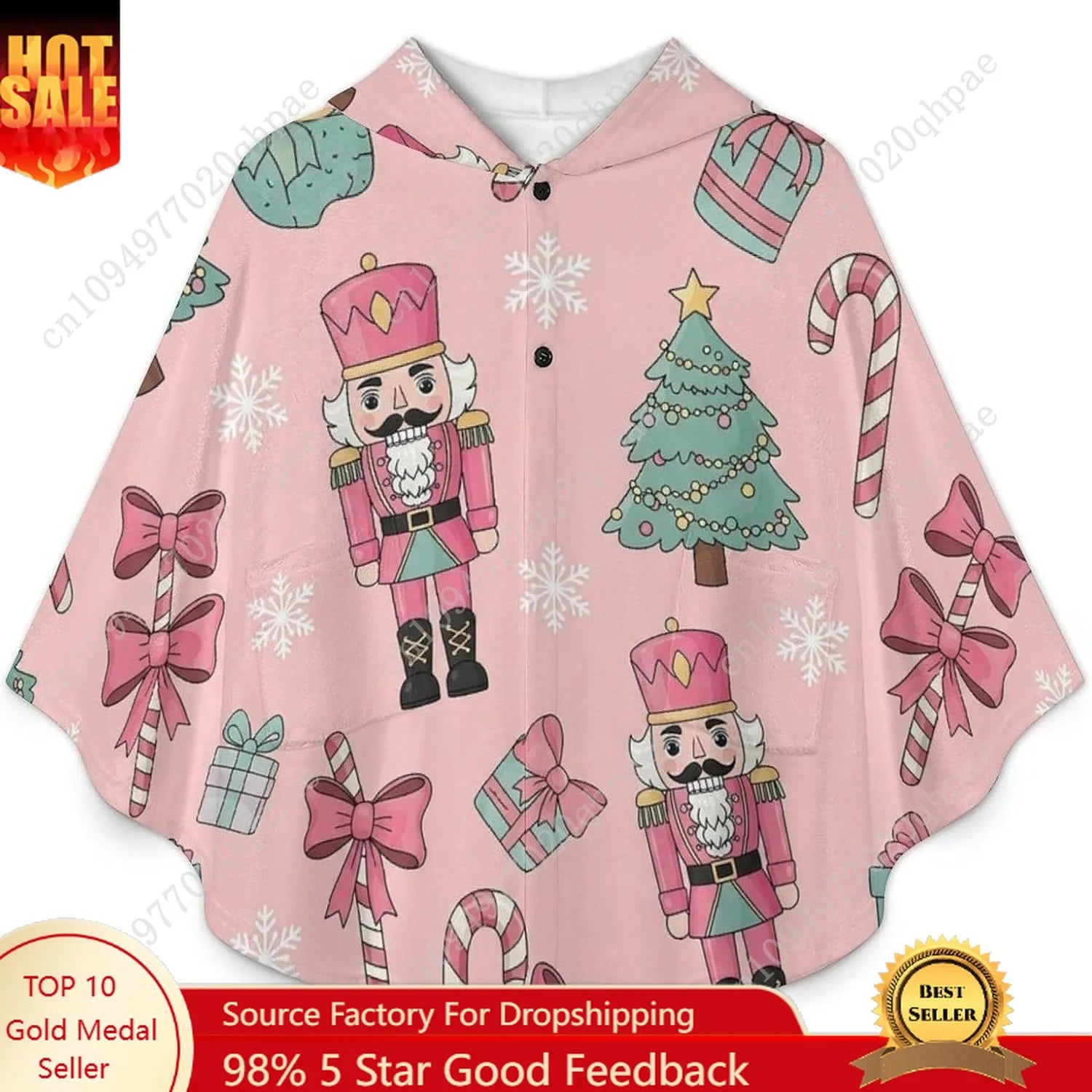 Maglione con coperta in flanella, felpa oversize con cappuccio e tasche a tema natalizio Schiaccianoci, per bambini e adolescenti 