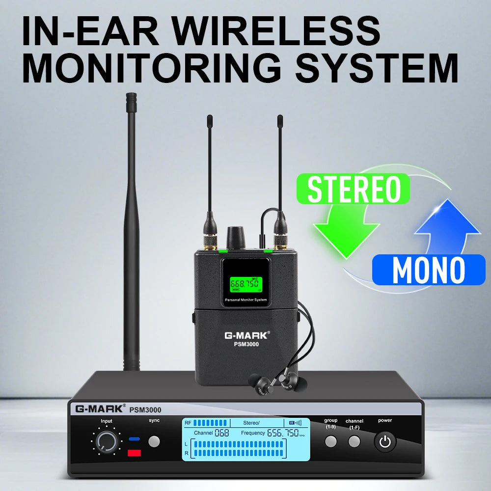 Monitor in-ear wireless G-MARK PSM3000 UHF Stereo Frequenza di ritorno sul palco selezionabile per cantanti, chitarristi, studio, band, performance 