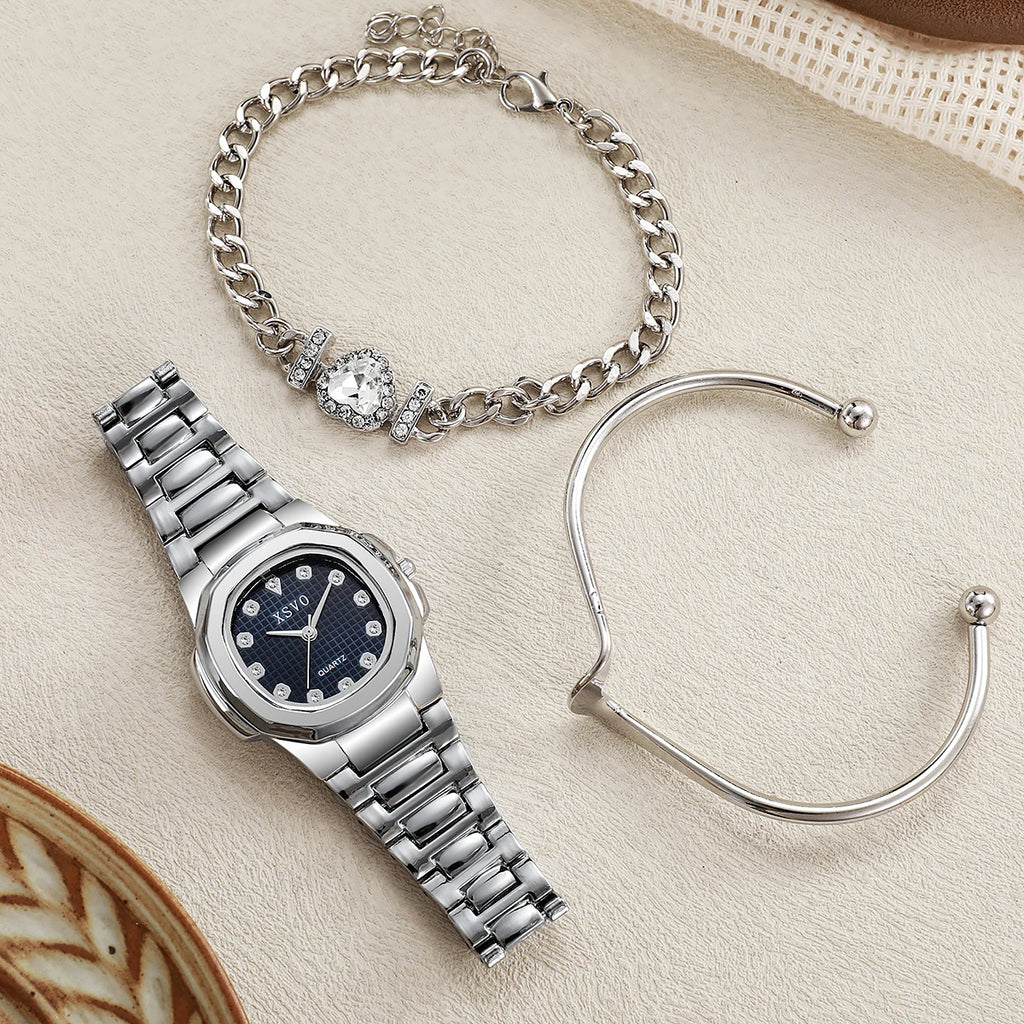 Nessuna confezione regalo, orologi in piccoli lotti, versione coreana degli orologi al quarzo versatili quadrati con bracciale di diamanti a forma di cuore, 3 set 