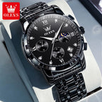 OLEVS Orologi da uomo popolari in acciaio inossidabile nero con fasi lunari, cronografo al quarzo, orologio da polso originale del marchio per uomo.