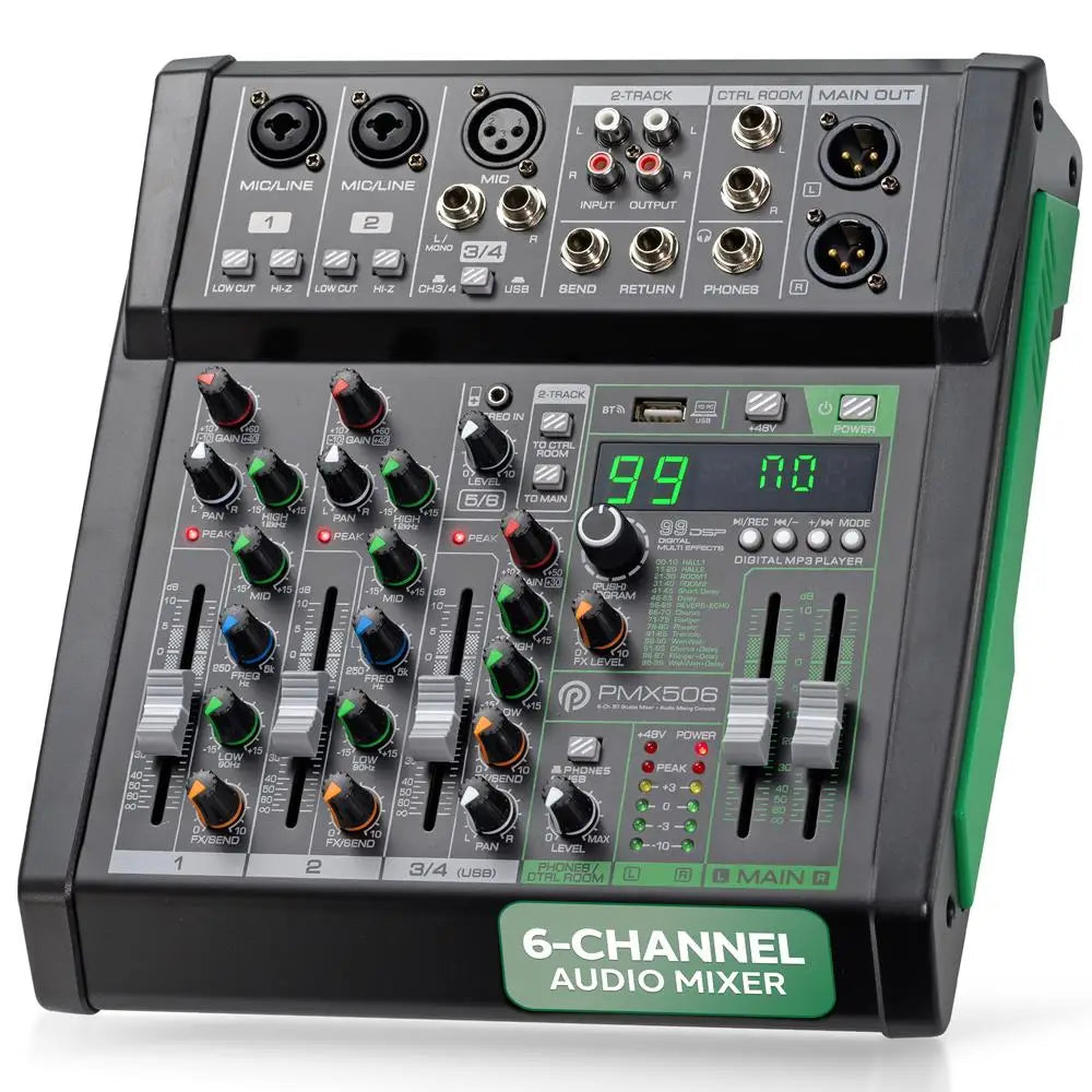 Mixer audio a 6 canali, controller DJ da studio Bluetooth, effetti digitali, interfaccia USB, compatibile con MP3, ingressi XLR