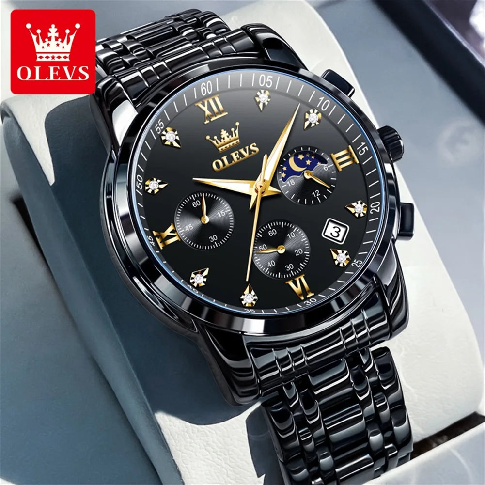 OLEVS Orologi da uomo popolari in acciaio inossidabile nero con fasi lunari, cronografo al quarzo, orologio da polso originale del marchio per uomo.