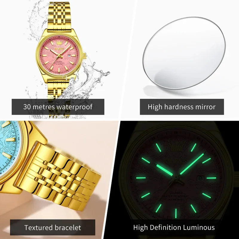 OLEVS Nuovo 3703 Orologi Donna Elegante Orologio al Quarzo Impermeabile Luminoso Acciaio Inossidabile Data Orologi Donna Braccialetto Confezione Regalo 