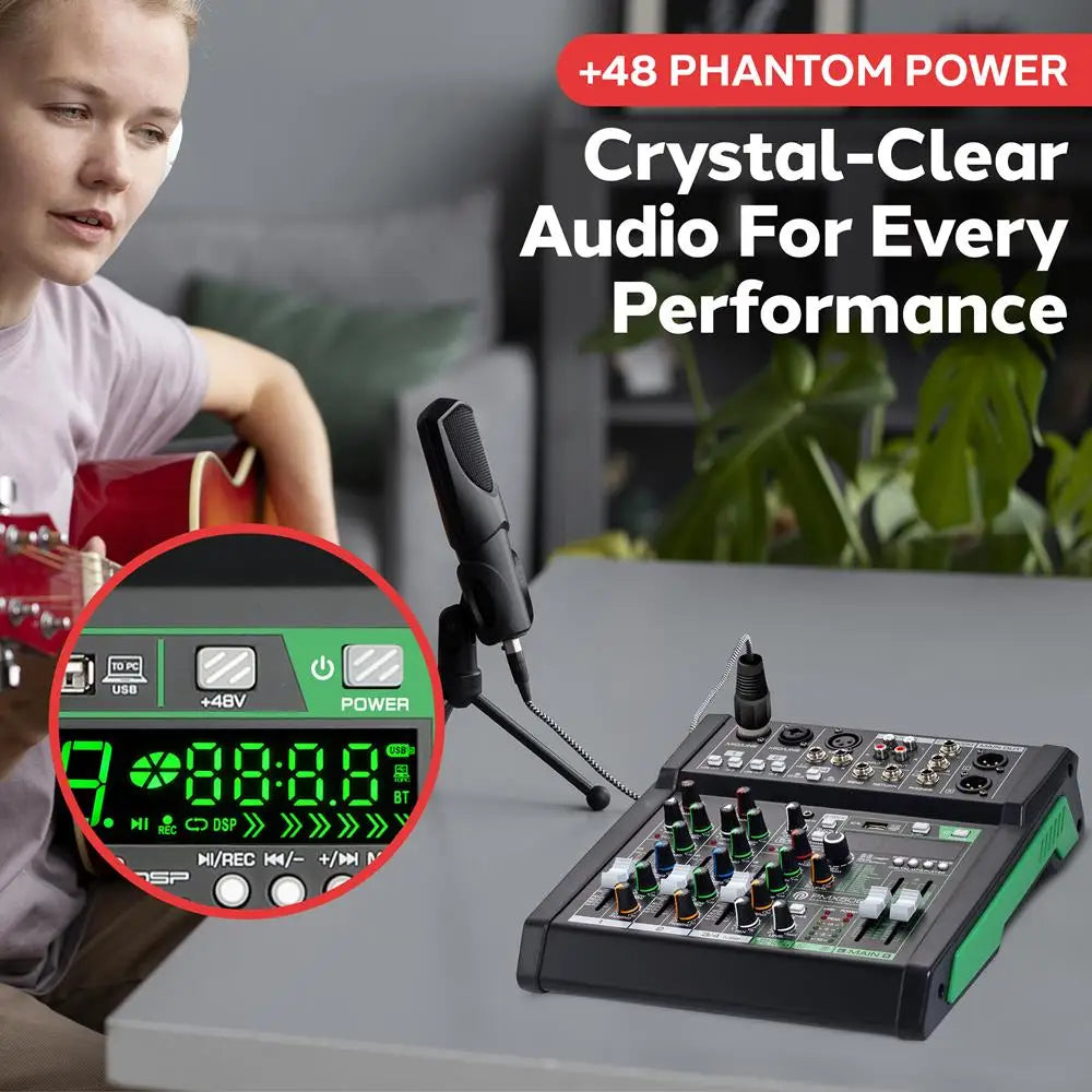 Mixer audio a 6 canali, controller DJ da studio Bluetooth, effetti digitali, interfaccia USB, compatibile con MP3, ingressi XLR
