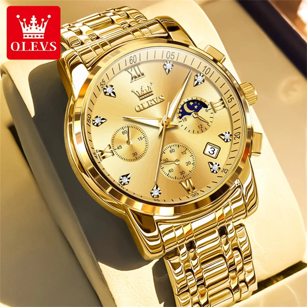 OLEVS Orologi da uomo popolari in acciaio inossidabile nero con fasi lunari, cronografo al quarzo, orologio da polso originale del marchio per uomo.