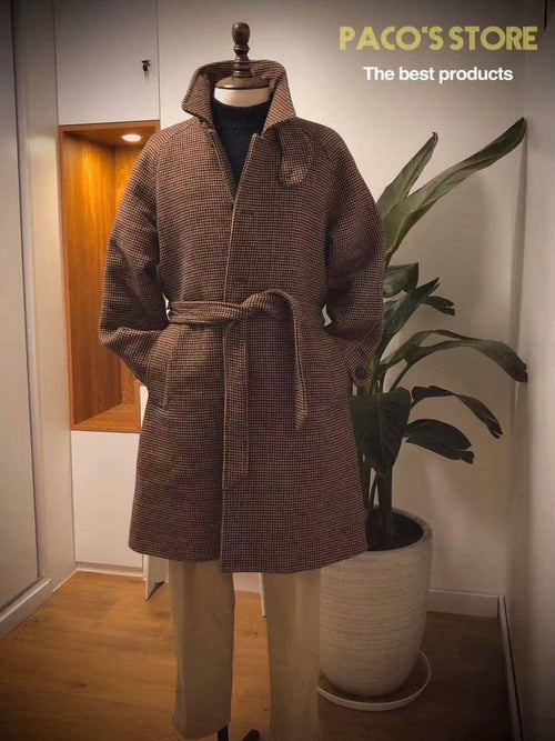 Trench in lana da uomo in stile vintage con motivo pied de poule 