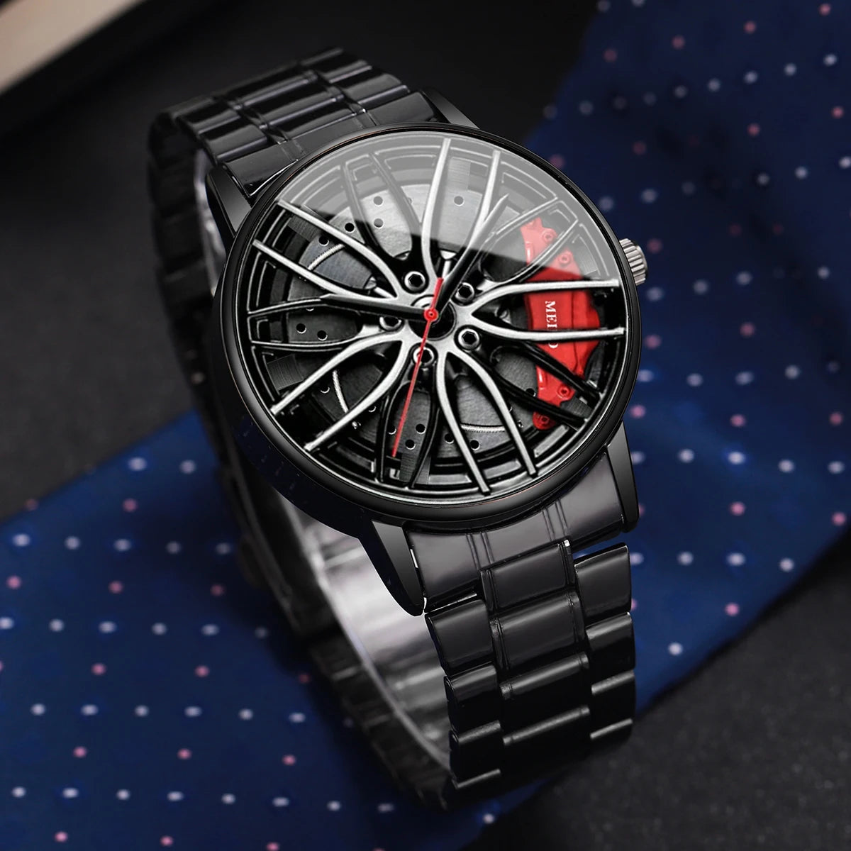 1 orologio a sorpresa misterioso con scatola cieca - Orologi sportivi da uomo alla moda con ruota di auto 3D, cinturino in acciaio inossidabile (senza scatola) 
