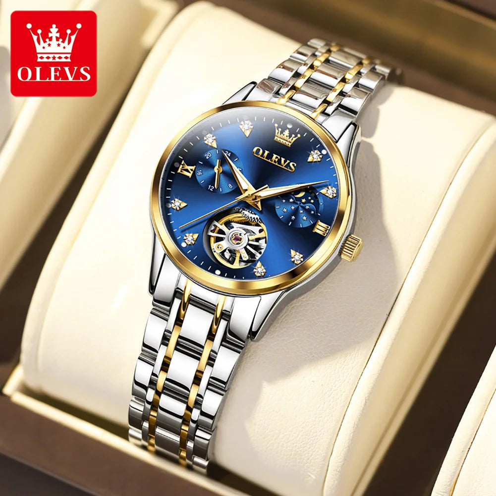 Orologio da donna OLEVS 6608 con movimento meccanico automatico, orologio da polso da lavoro, impermeabile, in acciaio inossidabile, con calendario, per donna 