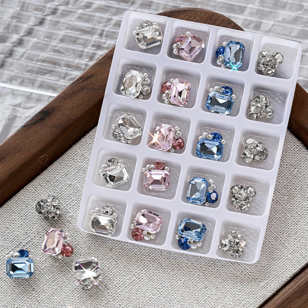 20 pezzi di decorazioni per nail art con diamanti impilati in vetro 3D, strass trasparenti/rosa/blu di lusso, ciondoli per unghie, accessori per manicure fai da te 