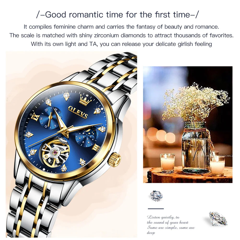 Orologio da donna OLEVS 6608 con movimento meccanico automatico, orologio da polso da lavoro, impermeabile, in acciaio inossidabile, con calendario, per donna 