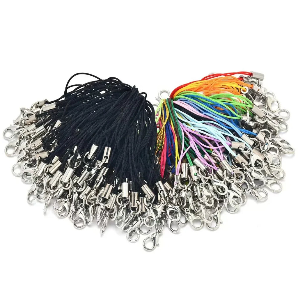 50 pezzi di cordino nero con ciondolo, cordino con moschettone, portachiavi, ganci, set di ciondoli per cellulari, accessori per gioielli 