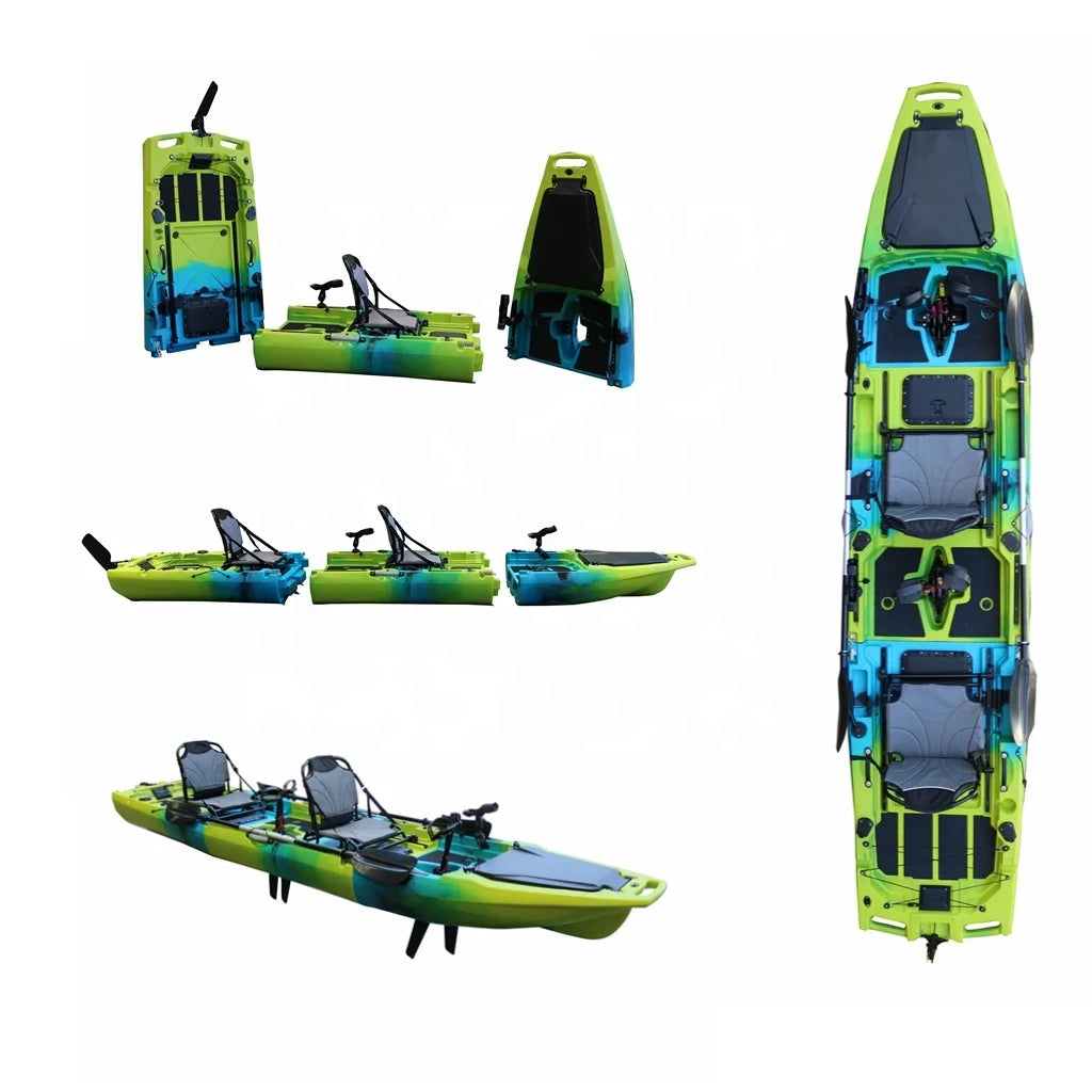 Kayak da pesca modulare pieghevole per 2 persone da 14 piedi, con pedalata assistita, staccabile, in tre sezioni, in plastica Lldpe, per sport all'aria aperta 