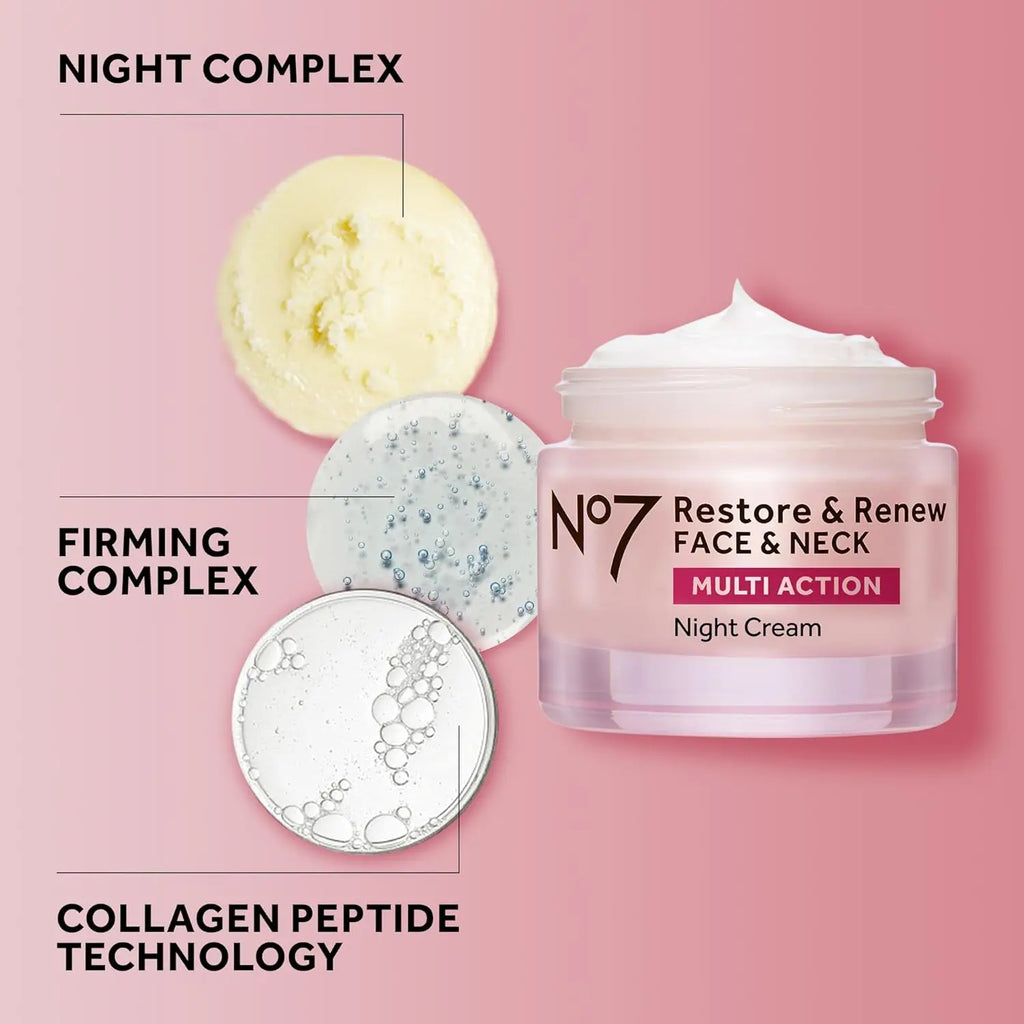 Crema notte multi-azione No7 Restore &amp; Renew per viso e collo - Crema idratante viso notturna con peptidi di collagene - Crema anti-età 
