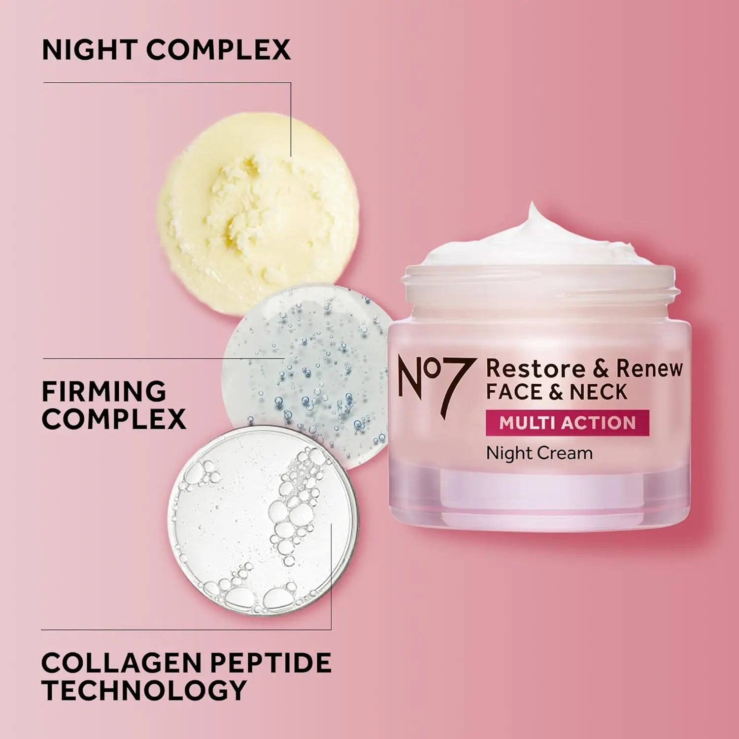 No7 Restore & Renew Multi Action Night Cream for Face & Neck - Nighttime Face Moisturizer with Collagen Peptides - Anti Aging Sk