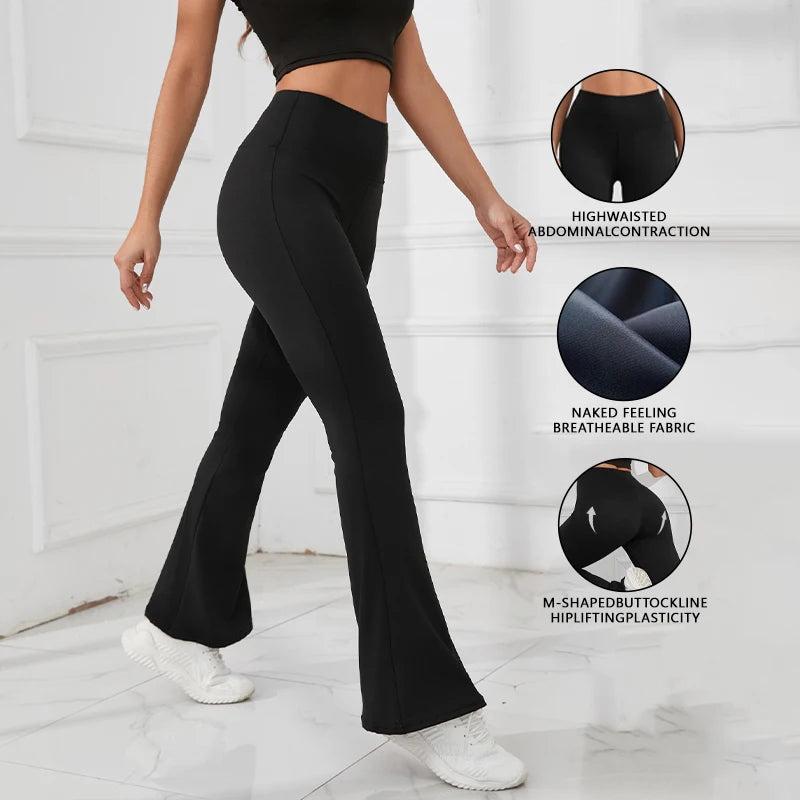 Pantaloni da yoga a vita alta micro svasati da donna - Pantaloni a ferro di cavallo snellenti in pelle di squalo, elasticizzati in 4 direzioni 