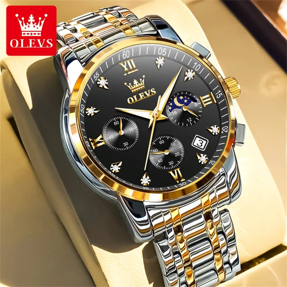 OLEVS Orologi da uomo popolari in acciaio inossidabile nero con fasi lunari, cronografo al quarzo, orologio da polso originale del marchio per uomo.