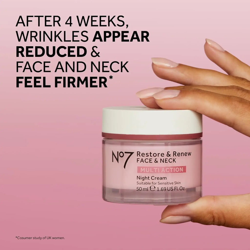 Crema notte multi-azione No7 Restore &amp; Renew per viso e collo - Crema idratante viso notturna con peptidi di collagene - Crema anti-età 