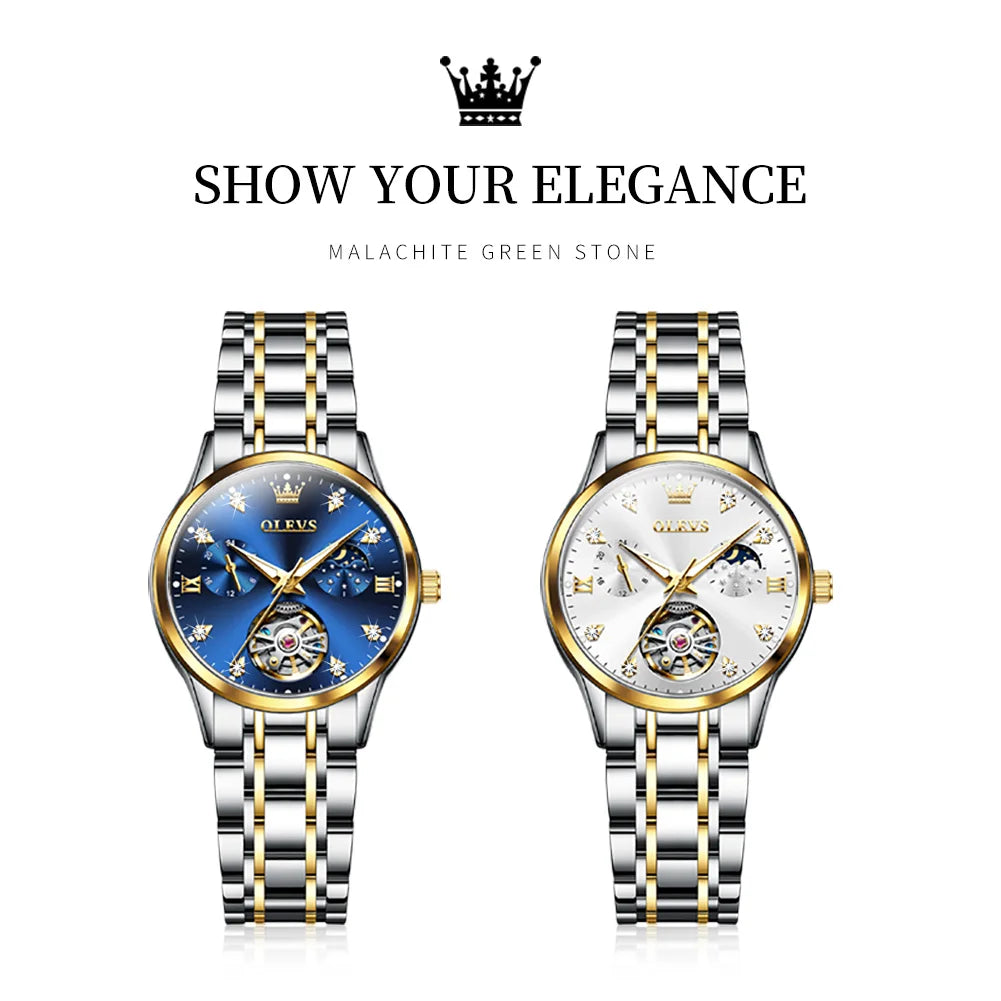 Orologio da donna OLEVS 6608 con movimento meccanico automatico, orologio da polso da lavoro, impermeabile, in acciaio inossidabile, con calendario, per donna 