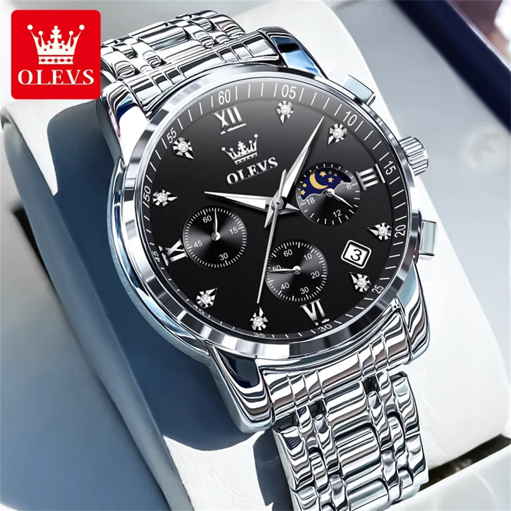 OLEVS Orologi da uomo popolari in acciaio inossidabile nero con fasi lunari, cronografo al quarzo, orologio da polso originale del marchio per uomo.