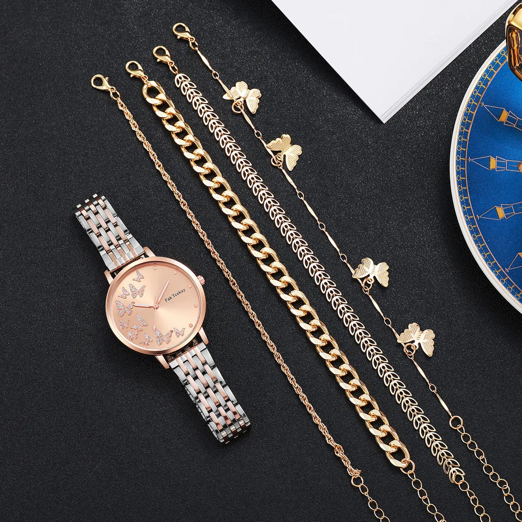 Nessuna confezione regalo Orologio da donna alla moda con cinturino in acciaio, orologio al quarzo con quadrante a farfalla e diamanti, set di 5 gioielli a farfalla 