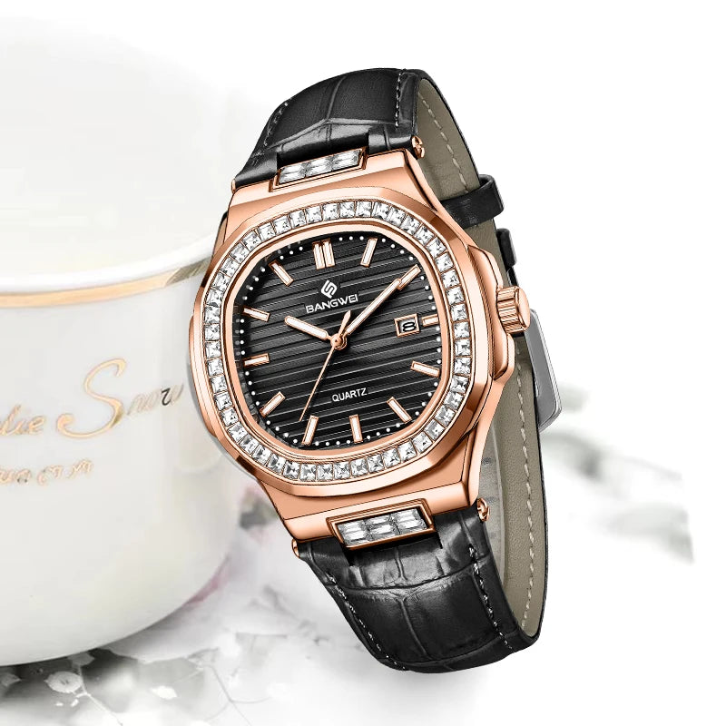 LIGE Bangwei Fashion Simple Quartz Woman Watch Diamond Watches Auto Date Waterproof Leather Casual Sport Women's Wristwatch Gift