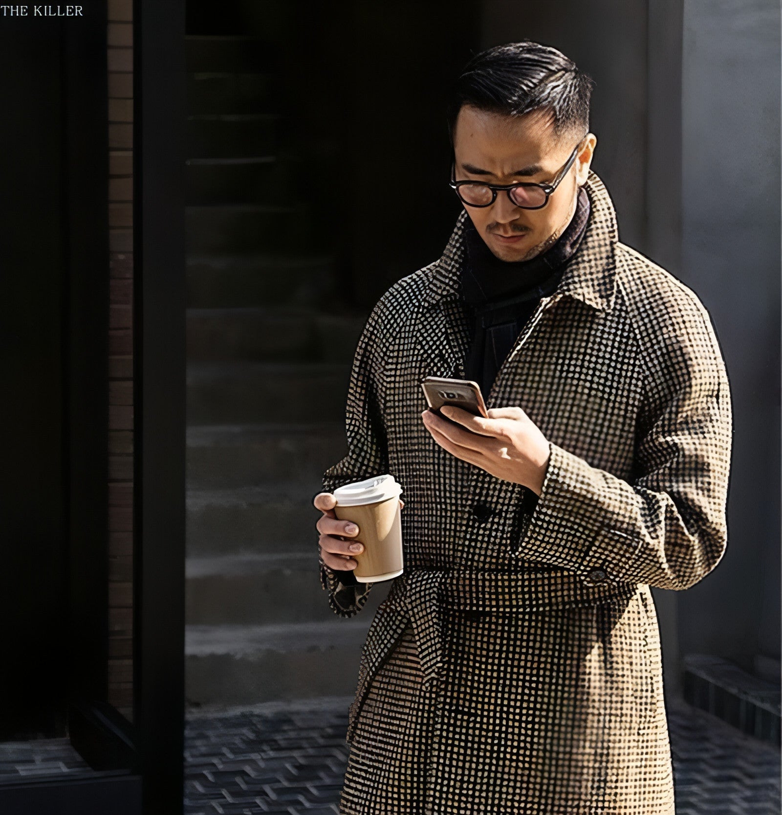Trench in lana da uomo in stile vintage con motivo pied de poule 