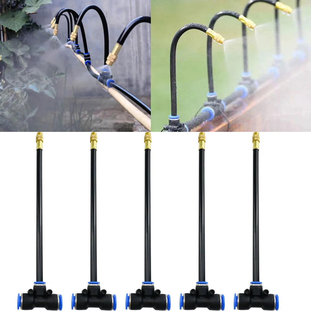 5 ugelli nebulizzatori in ottone con raccordo a T da 20 cm per sistema di raffreddamento esterno, ugelli spruzzatori con rotazione regolabile a 360° 