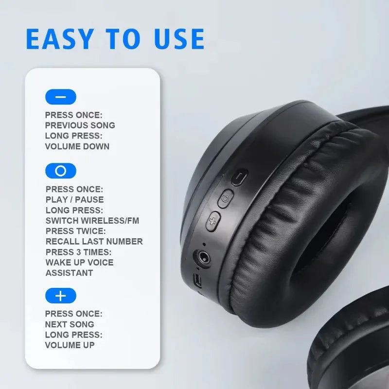 Cuffie wireless Bluetooth 5.3 sovraurali, auricolari stereo HIFI, auricolari sportivi per giocatori, lettore musicale TF/AUX con microfono HD 