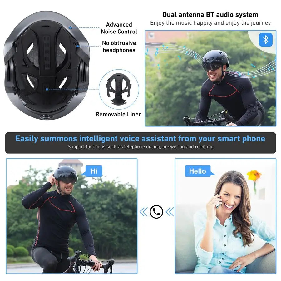 Caschi da bici per uomo, caschi intelligenti per adulti con telecamera sportiva 1080P 60 fps, doppia antenna, casco da bici da donna Bluetooth 