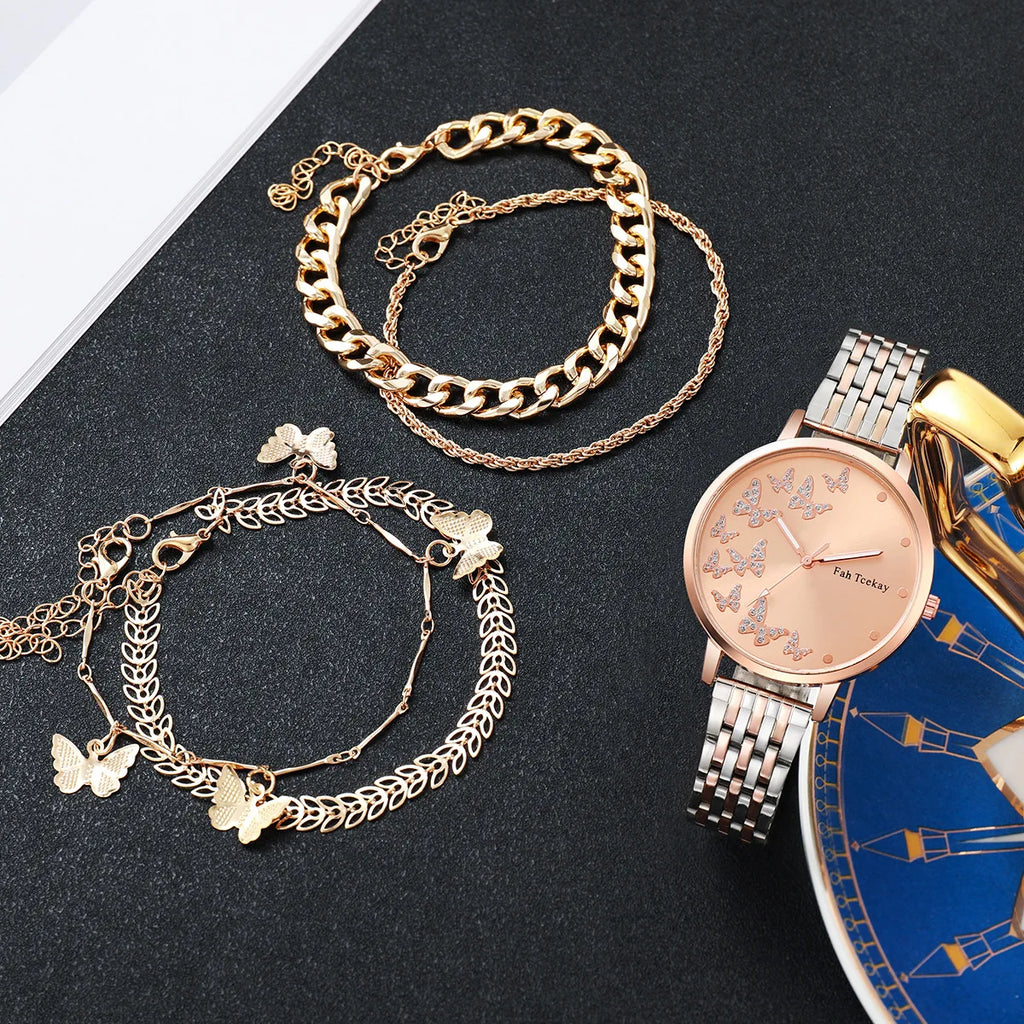 Nessuna confezione regalo Orologio da donna alla moda con cinturino in acciaio, orologio al quarzo con quadrante a farfalla e diamanti, set di 5 gioielli a farfalla 