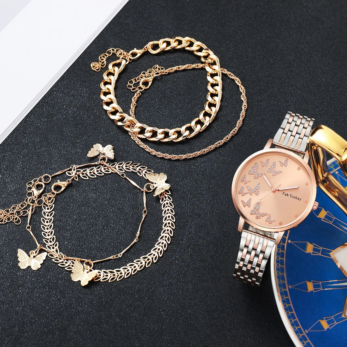 No gift box Fashion women's steel strap watch leisure butterfly diamond face quartz watch   butterfly jewelry 5 piece set