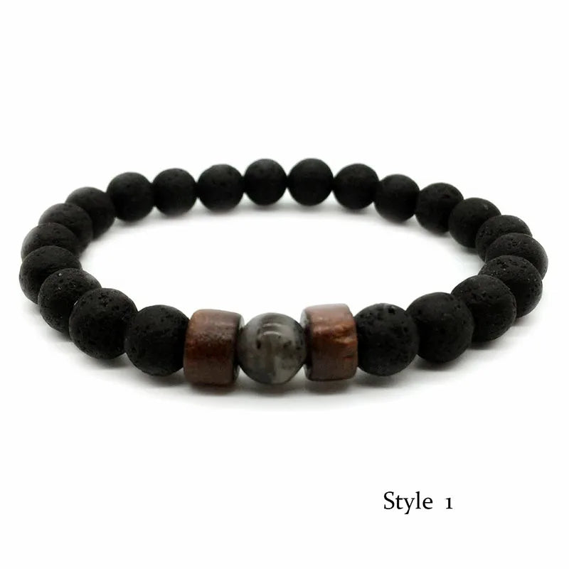 Bracciale in pietra vulcanica da 8 mm per uomo, con perline di legno lavico, braccialetto tibetano Buddha, catena da polso maschile, gioielli fatti a mano, braccialetto elastico 