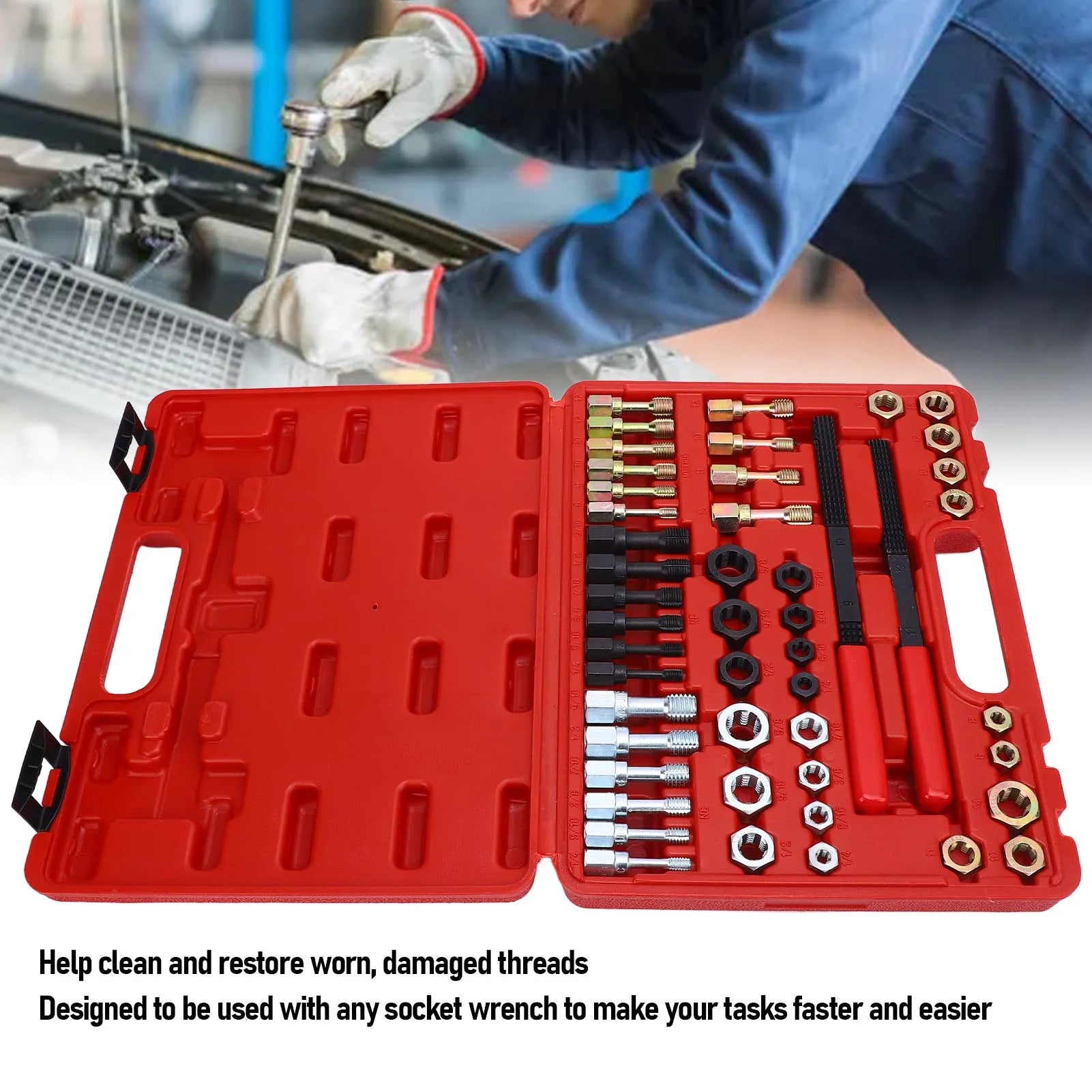 Set di 48 filettatori per misure metriche e SAE, 22 maschi, 24 filiere, 2 lime per filettare, kit di utensili per la rifilettatura. Set di filettatori per filettature. 
